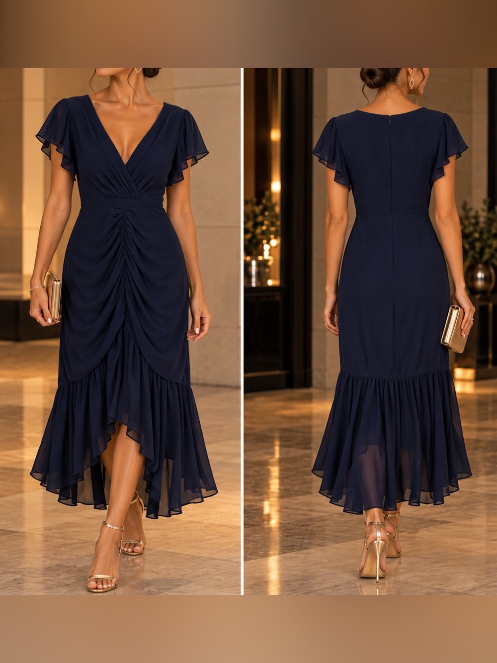 Fehaute Navy Blue Chiffon Ruched High-Low Midi Dress